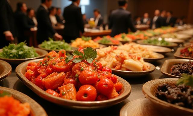 기업 행사 케이터링에서 다양한 김치 반찬과 전통 한식 연회