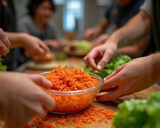 참가자들이 김치 양념을 바르고 있는 모습